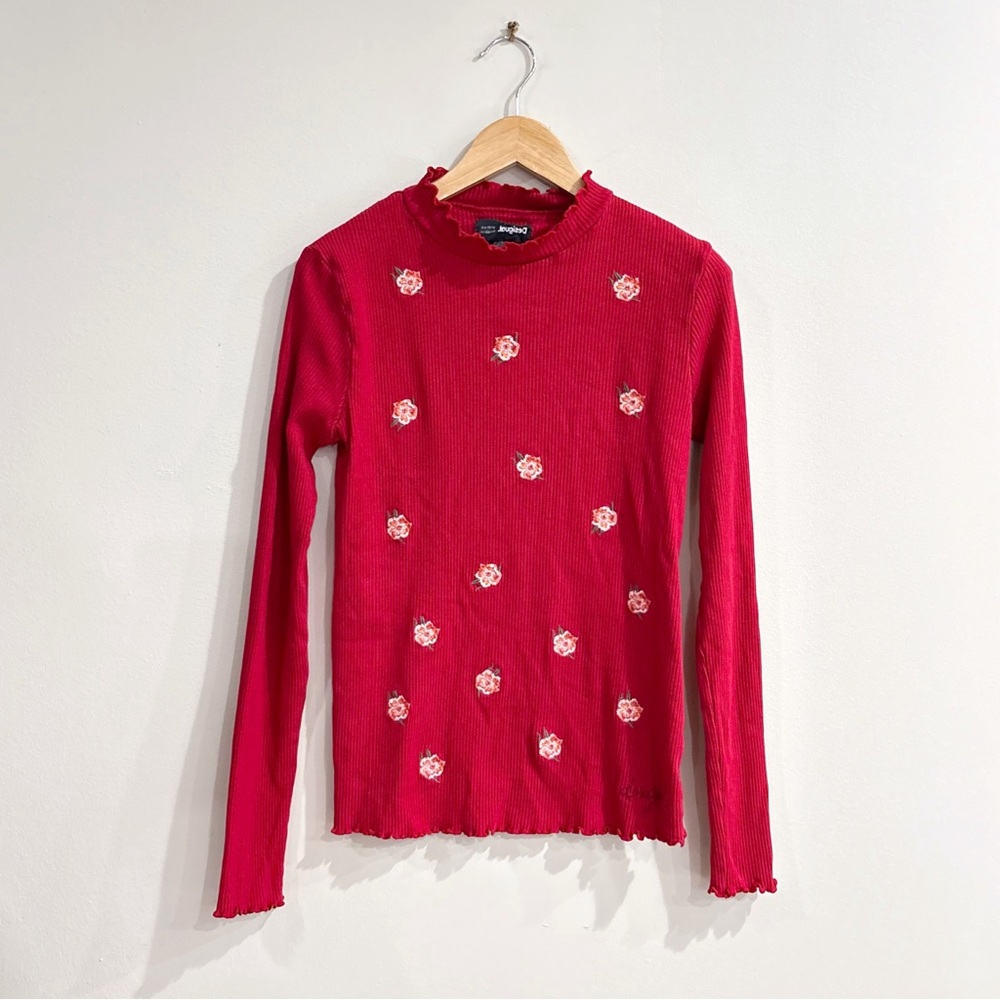 Desigual Red Floral Embroidered Long Sleeve Top Girls Size 13/14 (158/164)